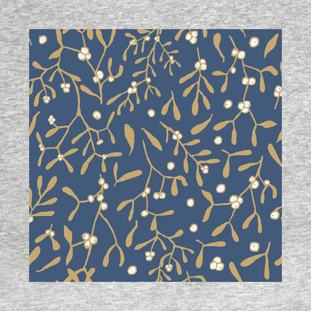 golden mistletoe and berries on dark cobalt blue seamless repeat pattern by colorofmagic